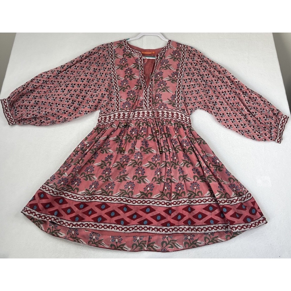 Oliphant Womens XS Tie Front Balloon Sleeve Taos Coral Red Floral Dress 1156V